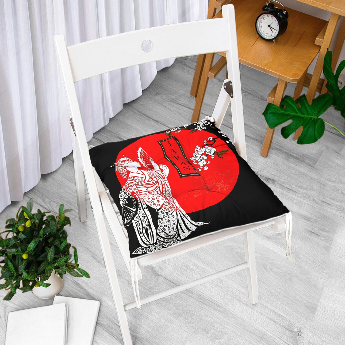 Beyaz Dal Desenli Çift Yelpazeli Japan Kadın Modern Pofuduk Sandalye Minderi Realhomes