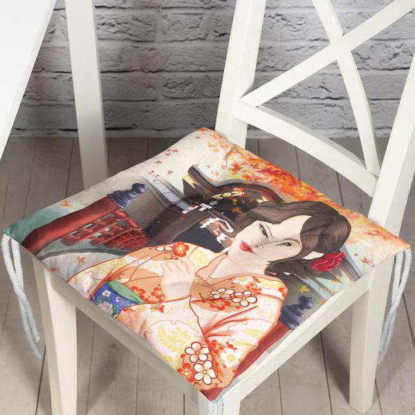 - P5831-Gorsel - Realhomes  Gül Motifli Yelpaze Tutan Japon Kadın Motifli Dekoratif Pofuduk Sandalye Minderi Realhomes