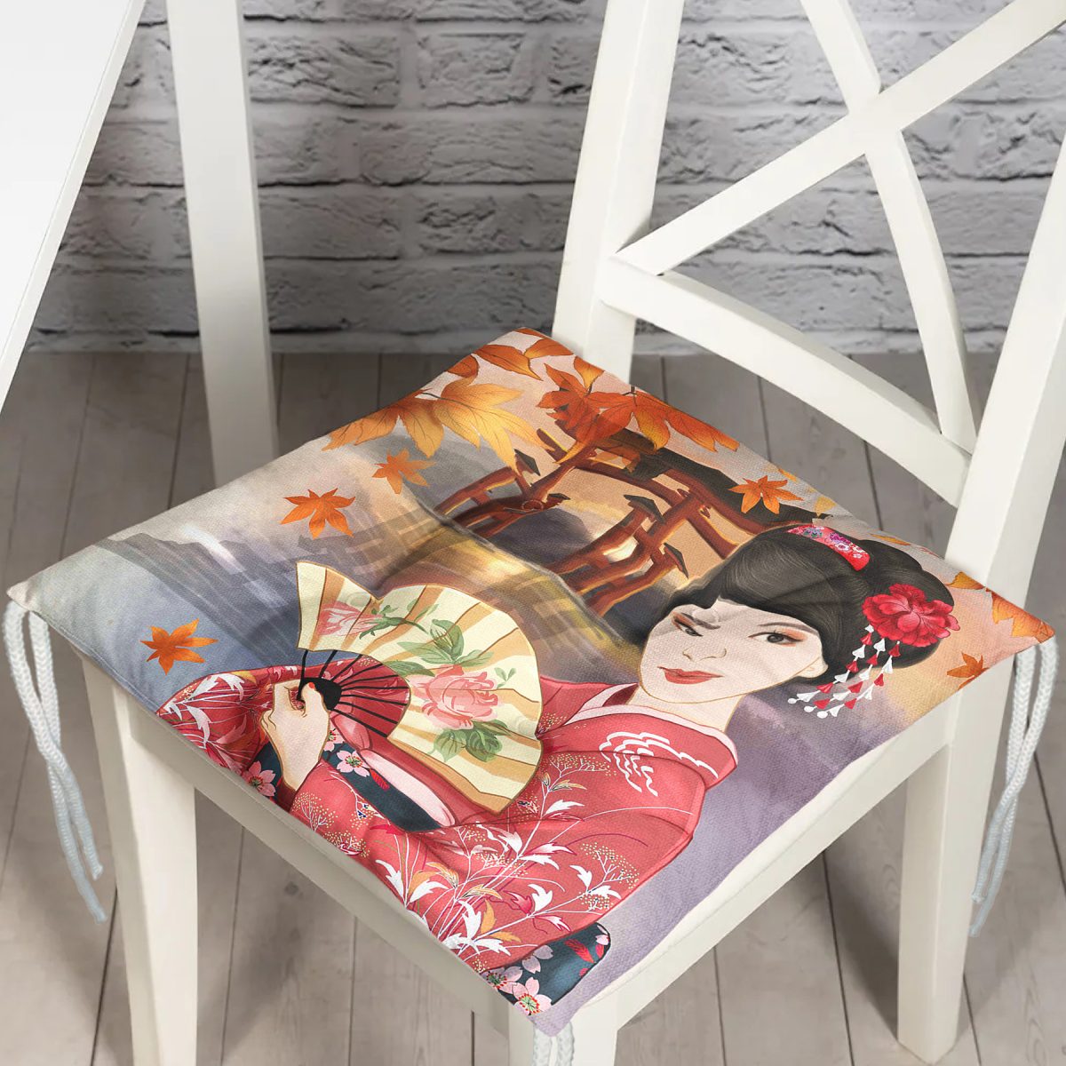 Gül Motifli Yelpaze Tutan Japon Kadın Motifli Dekoratif Pofuduk Sandalye Minderi Realhomes
