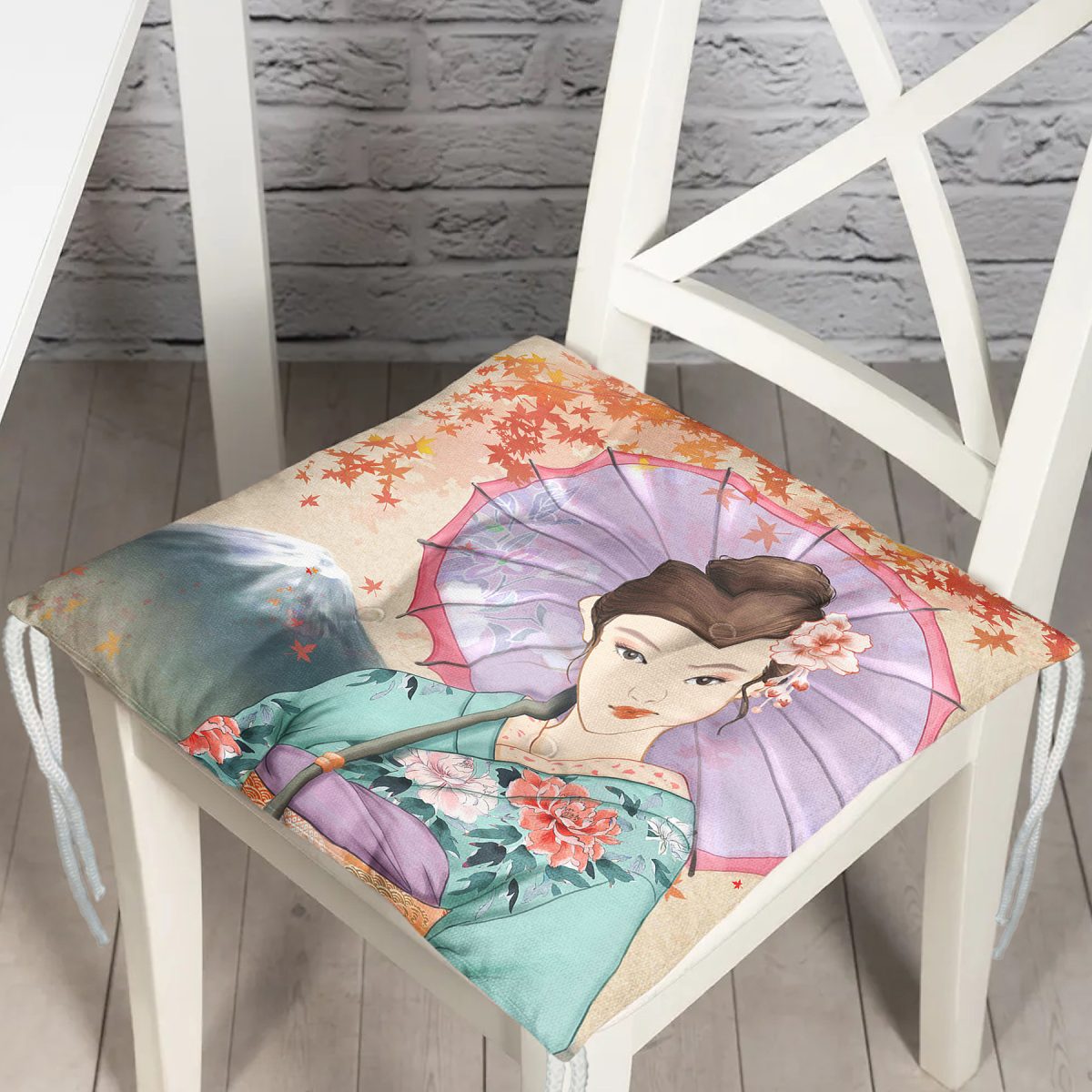 Şemsiyeli Japon Kız Motifli Dekoratif Pofuduk Sandalye Minderi Realhomes