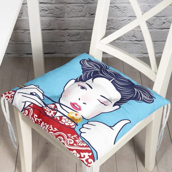 Yelpazeli Japon Kadın Motifli Dekoratif Pofuduk Sandalye Minderi Realhomes
