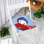 Kırmızı Yelpazeli Mavi Zeminli Japon Kadın Modern Pofuduk Sandalye Minderi Realhomes