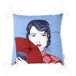 Kırmızı Yelpazeli Mavi Zeminli Japon Kadın Modern Pofuduk Sandalye Minderi Realhomes