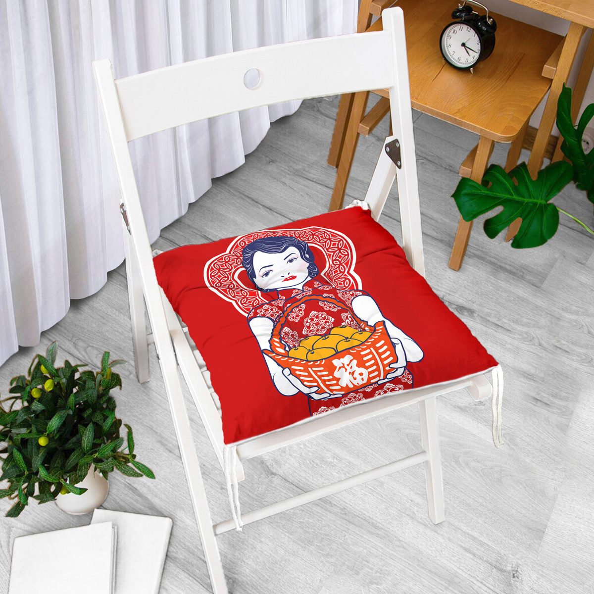 Meyve Sepetli Japon Kadın Desenli Modern Pofuduk Sandalye Minderi Realhomes
