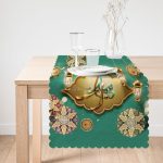 Yeşil Zeminli Ramazan Feneri Tasarımlı Mübarek Motifli Runner & Kırlent Kılıfı Seti Realhomes