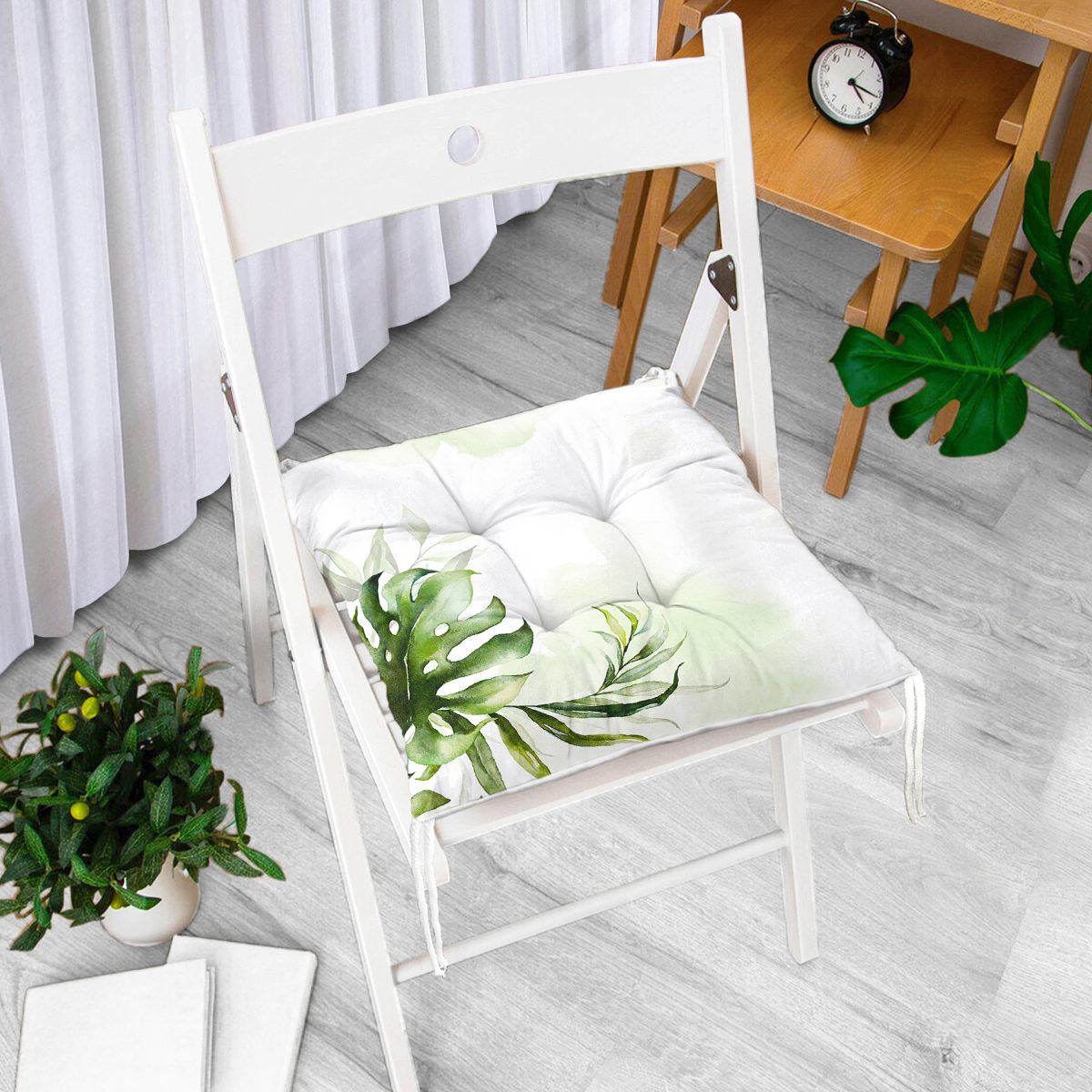 Yeşil Tropik Yaprak Motifli Dijital Baskılı Modern Pofuduk Sandalye Minderi Realhomes