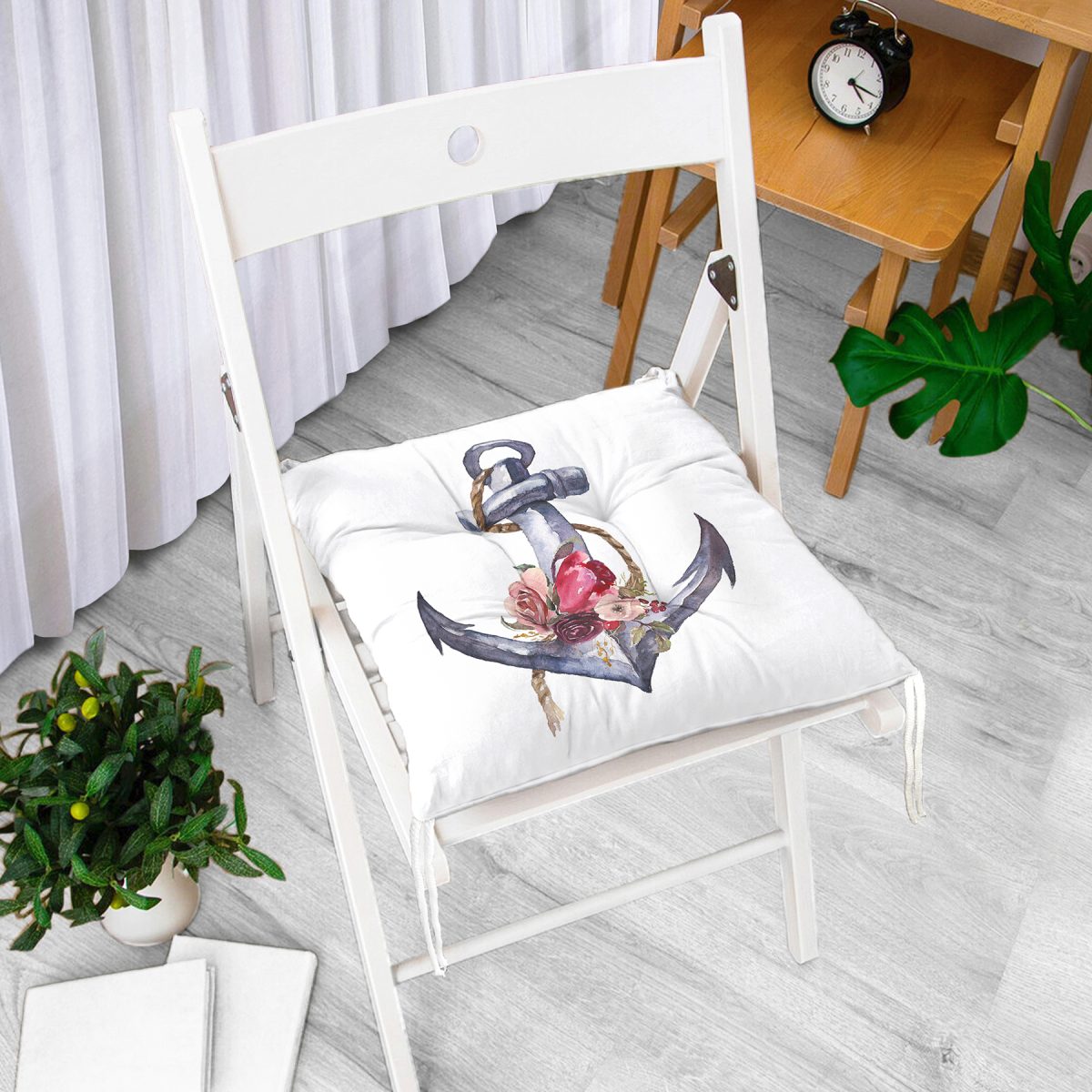 Beyaz Zeminde Sade Çapa Tasarımlı Dijital Baskılı Modern Pofuduk Sandalye Minderi Realhomes