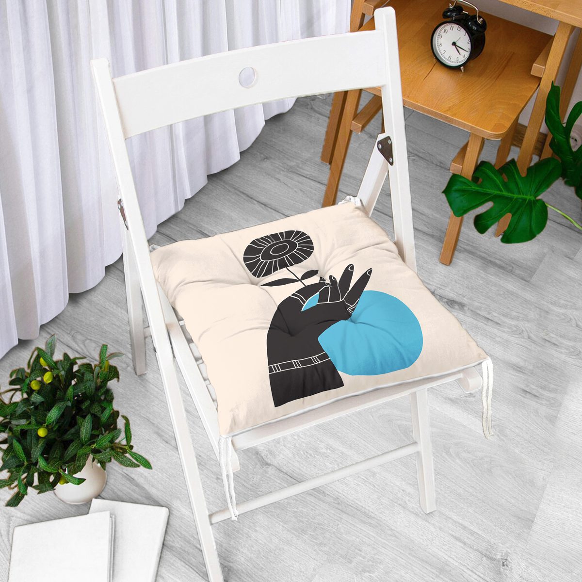 Sanatsal Yeşeren Çiçek Tasarımlı Dijital Baskılı Modern Pofuduk Sandalye Minderi Realhomes