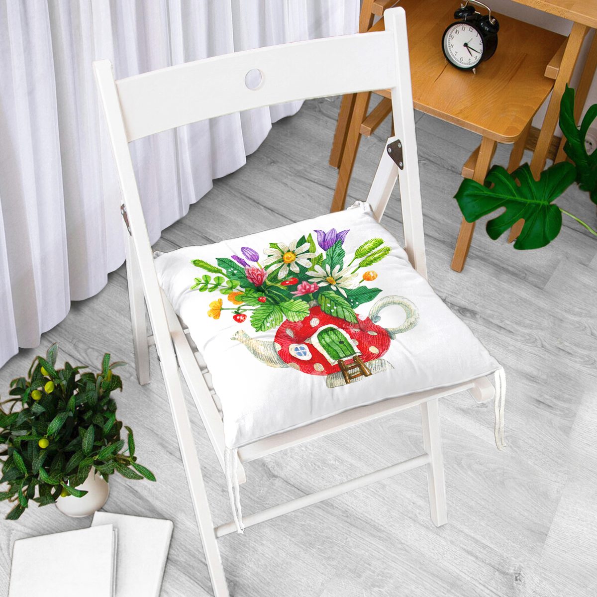 Şirin Çaydanlık Vazo Tasarımlı Dijital Baskılı Modern Pofuduk Sandalye Minderi Realhomes