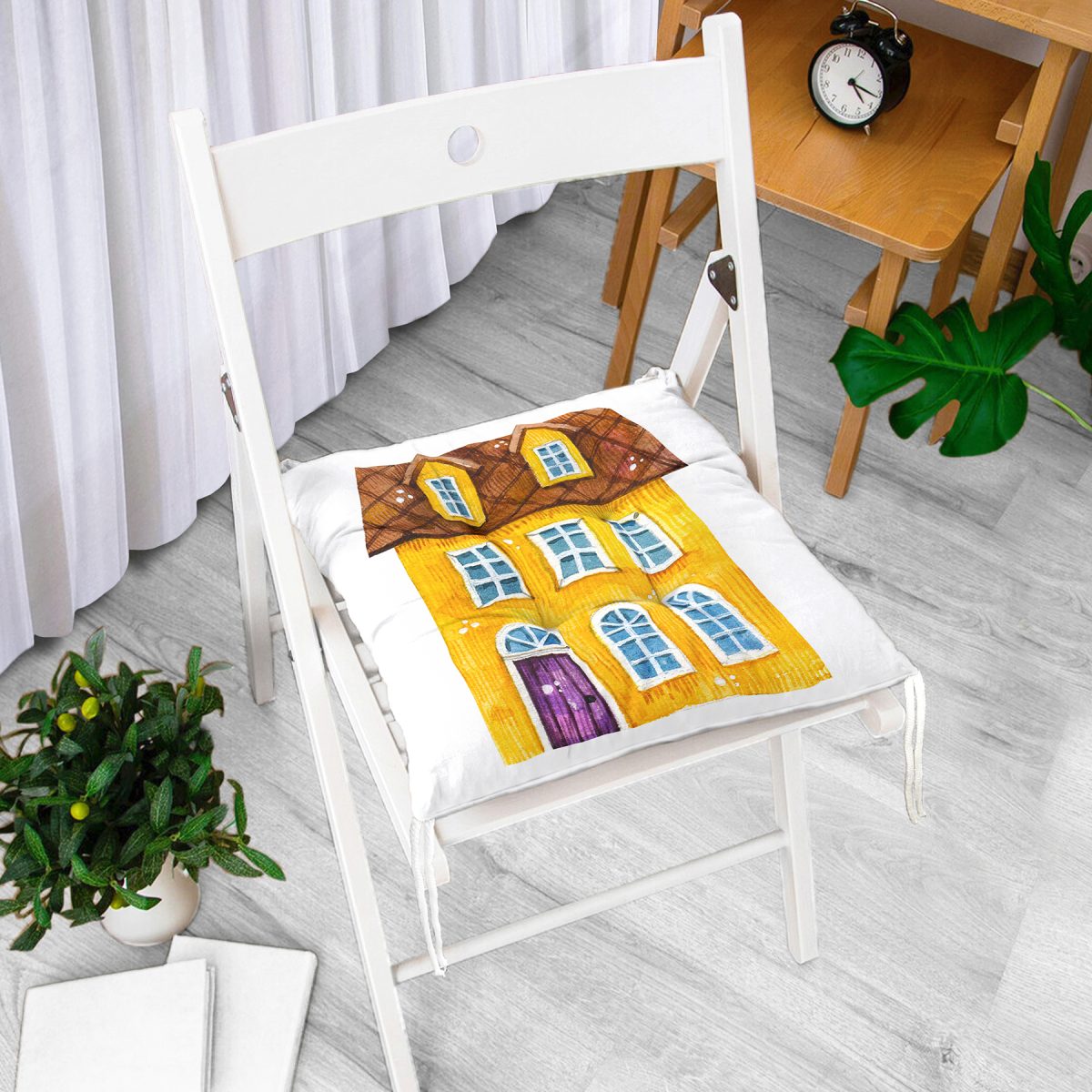 Minyatür Sarı Ev Çizimli Dijital Baskılı Modern Pofuduk Sandalye Minderi Realhomes