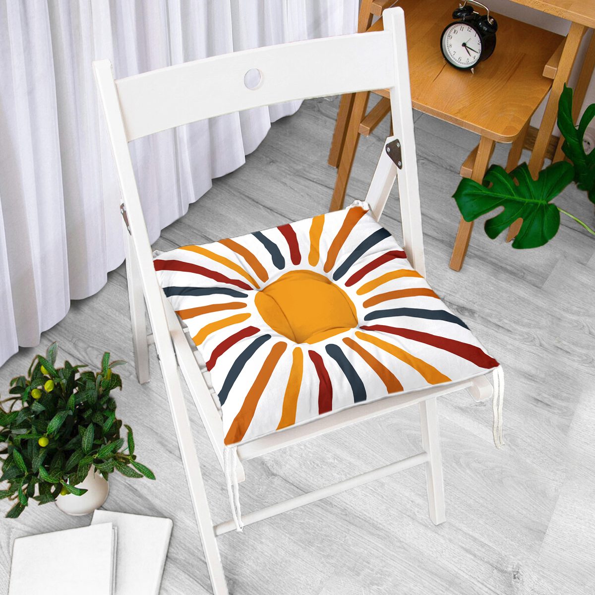 Güneş ve Renkli Işınları Özel Tasarım Dijital Baskılı Modern Pofuduk Sandalye Minderi Realhomes