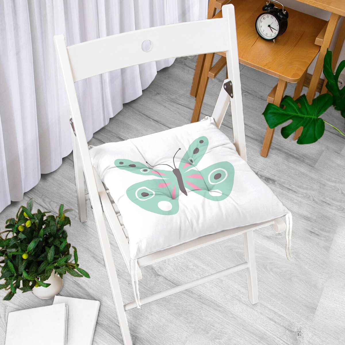 Mint Yeşili Kelebek Tasarımlı Dijital Baskılı Modern Pofuduk Sandalye Minderi Realhomes