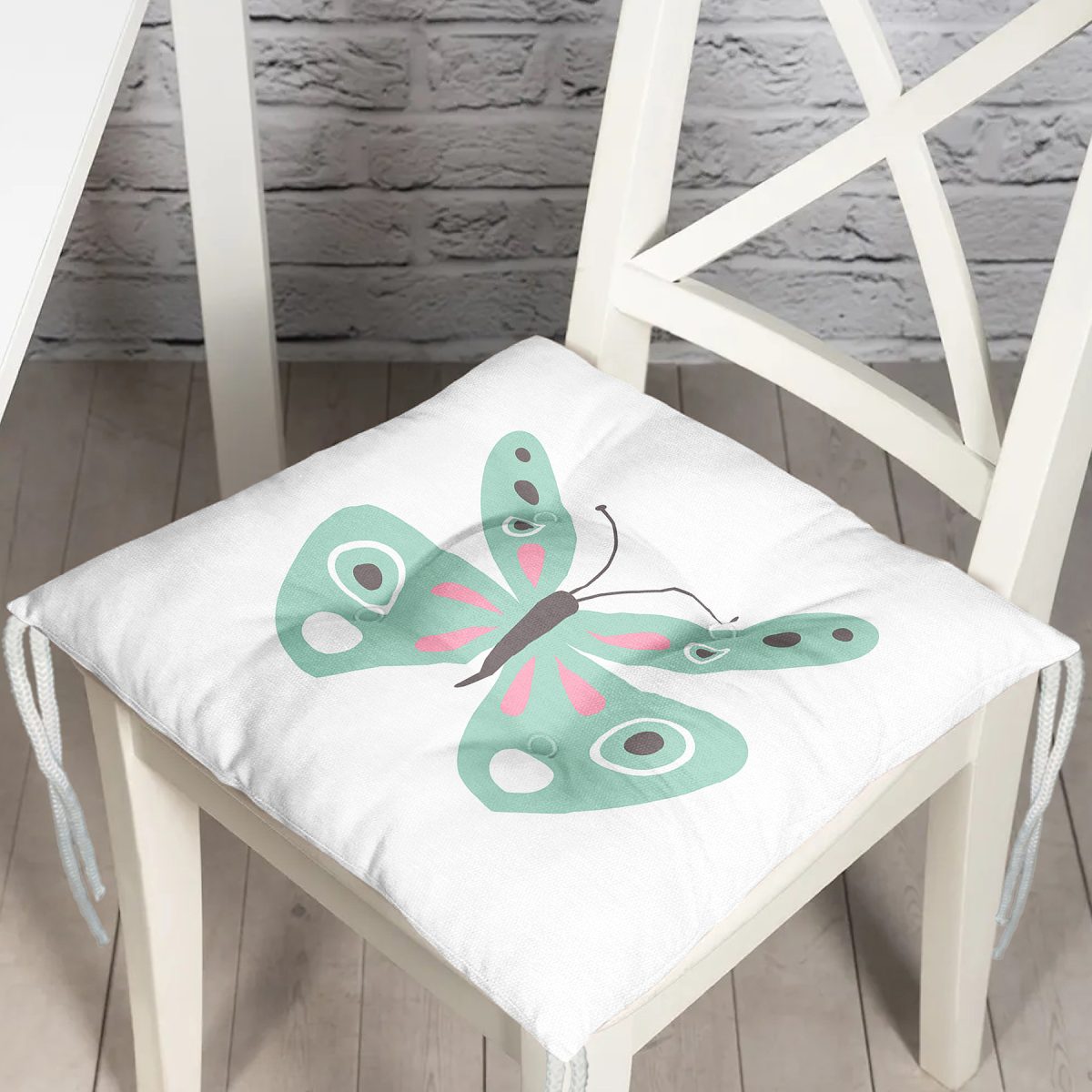 Mint Yeşili Kelebek Tasarımlı Dijital Baskılı Modern Pofuduk Sandalye Minderi Realhomes