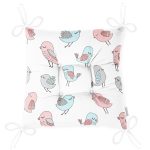 - Print - Realhomes Realhomes Mavi Pembe Kuş Çizimli Özel Tasarım Dijital Baskılı Modern Pofuduk Sandalye Minderi Realhomes