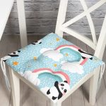 - Print - Realhomes  Realhomes Mavi Zeminde Gökkuşağı Motifli Panda Özel Tasarım Dijital Baskılı Modern Pofuduk Sandalye Minderi Realhomes