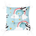 - Print - Realhomes  Realhomes Mavi Zeminde Gökkuşağı Motifli Panda Özel Tasarım Dijital Baskılı Modern Pofuduk Sandalye Minderi Realhomes