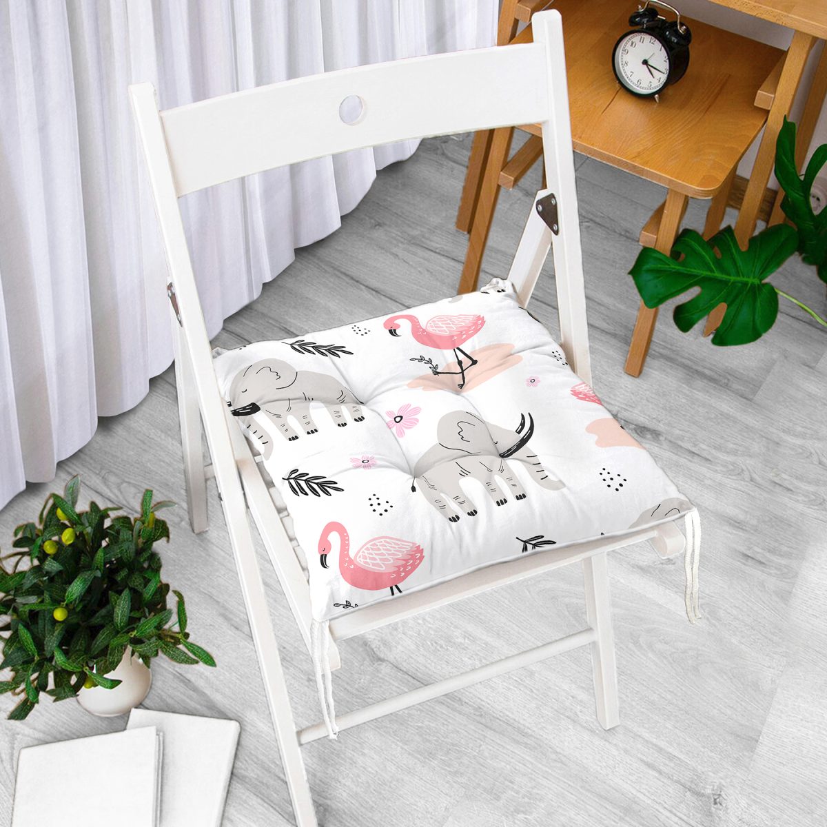 Flamingo Ve Fil Motifli Dijital Baskılı Özel Tasarım Modern Pofuduk Sandalye Minderi Realhomes