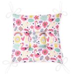 - Print - Realhomes Pembe Pelikan Ve Çiçek Desenli Dijital Baskılı Özel Tasarım Modern Pofuduk Sandalye Minderi Realhomes