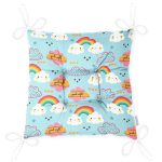 Mavi Zeminde Gökkuşağı Ve Bulut Desenli Dijital Baskılı Özel Tasarım Modern Pofuduk Sandalye Minderi Realhomes