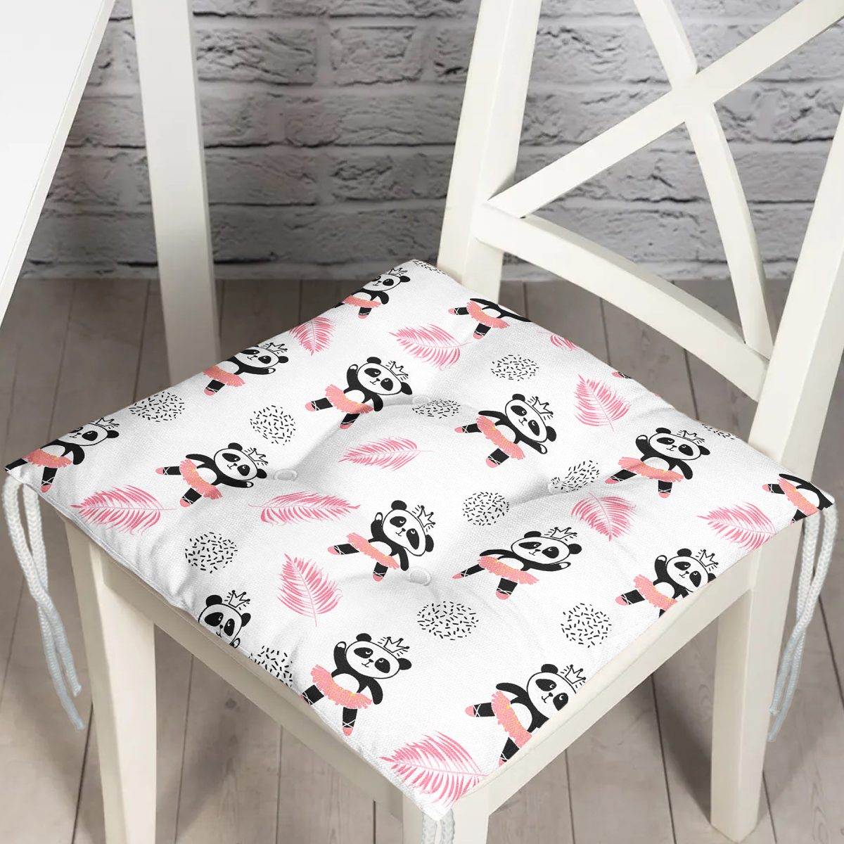 Pembe Balerin Panda Desenli Dijital Baskılı Özel Tasarım Modern Pofuduk Sandalye Minderi Realhomes