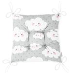 - Print - Realhomes Puanlı Zeminde Gülümseyen Bulut Motifli Dijital Baskılı Özel Tasarım Modern Pofuduk Sandalye Minderi Realhomes