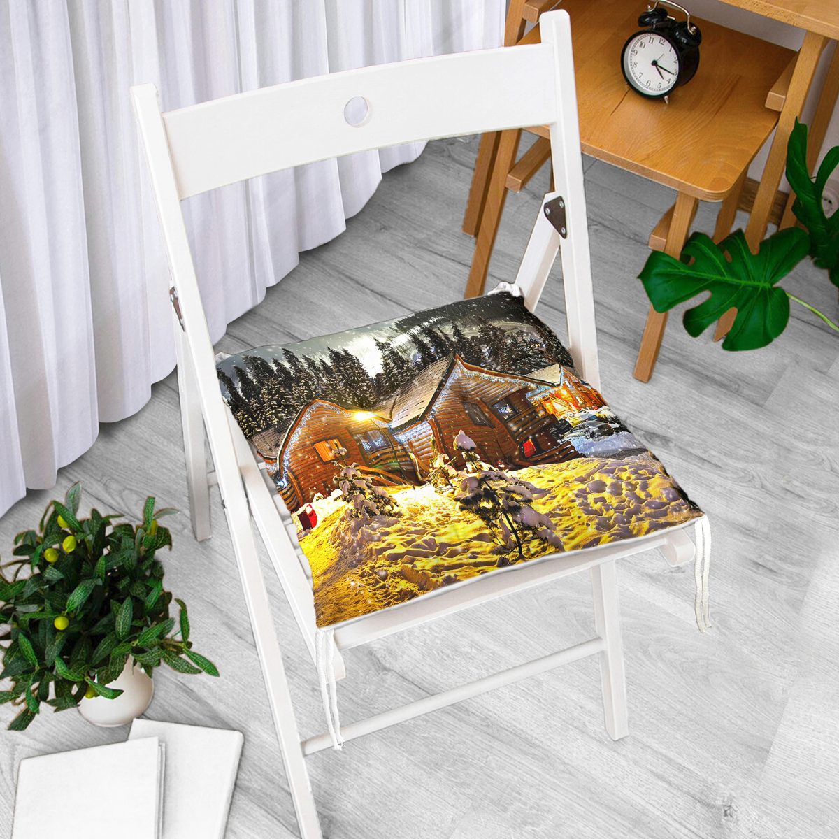 Karlı Ev Manzarası Dijital Baskılı Modern Modern Pofuduk Sandalye Minderi Realhomes