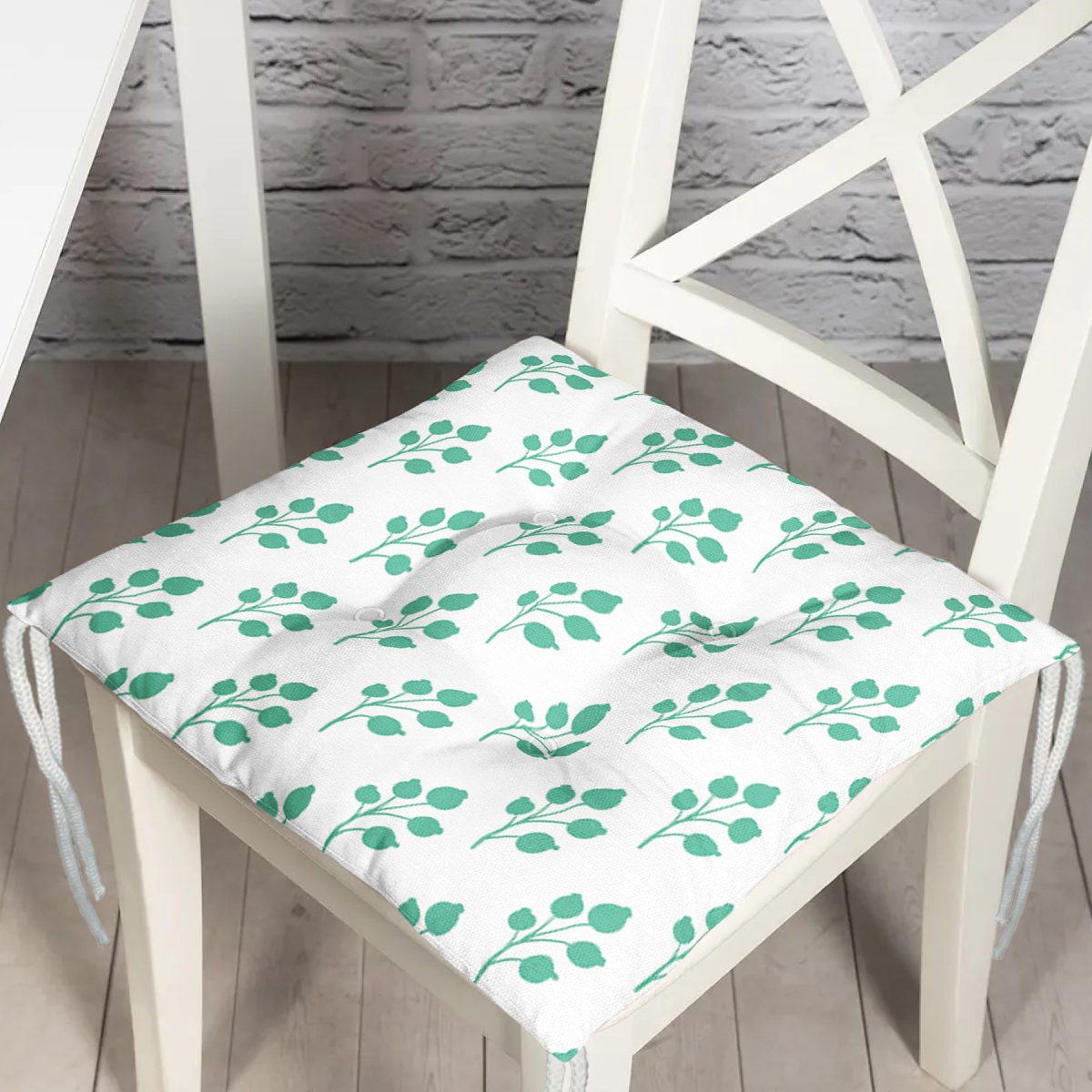 Beyaz Mint Yeşili Yaprak Motifli Modern Pofuduk Sandalye Minderi Realhomes
