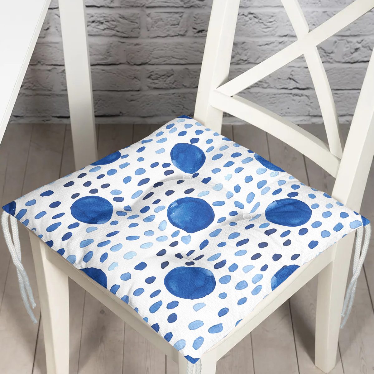 Mavi Yuvarlak Desenli Dijital Baskılı Modern Pofuduk Sandalye Minderi Realhomes
