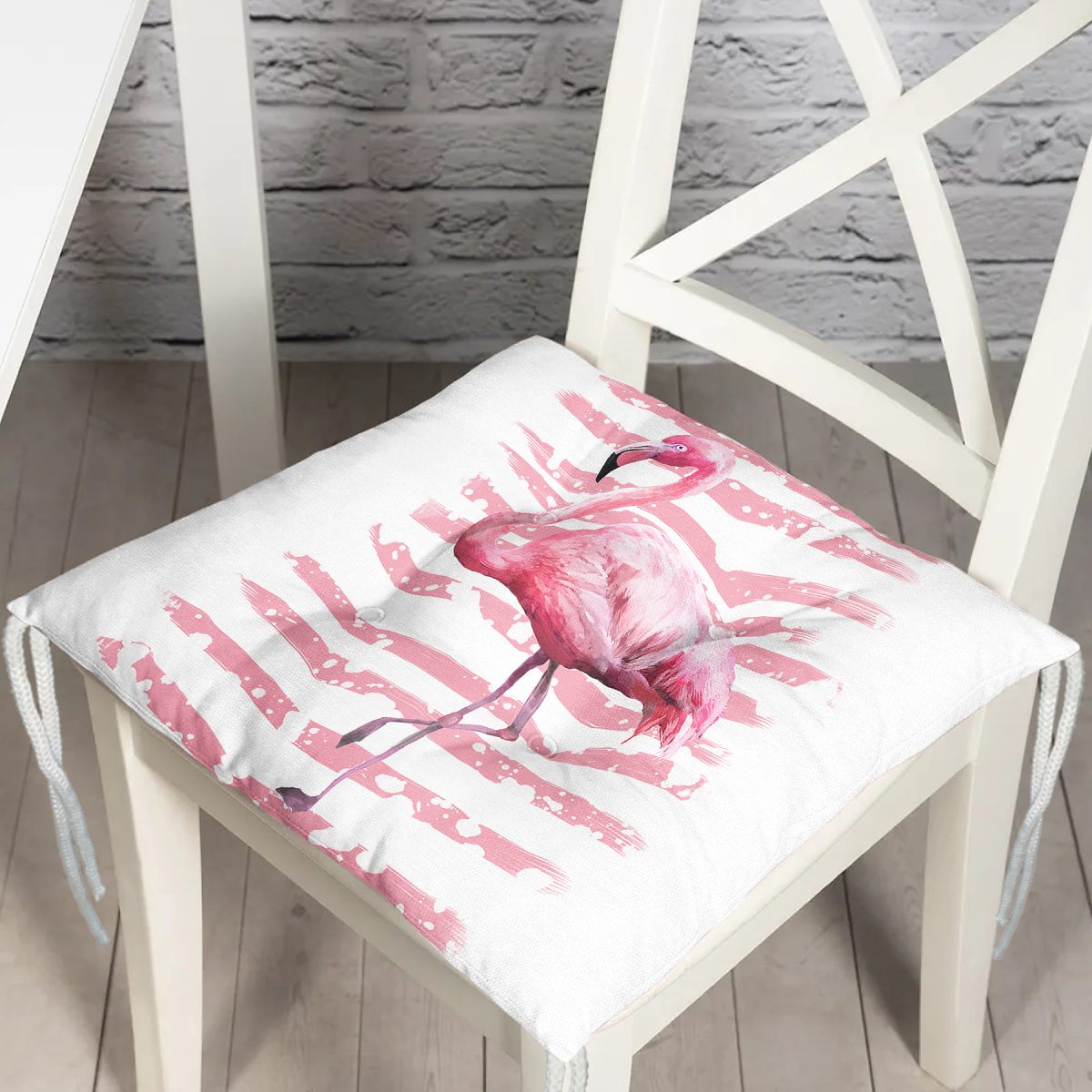 Pudra Çizgi Desenli Flamingo Dijital Baskılı Modern Pofuduk Sandalye Minderi Realhomes