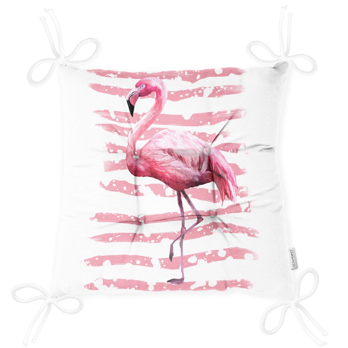 Pudra Çizgi Desenli Flamingo Dijital Baskılı Modern Pofuduk Sandalye Minderi Realhomes