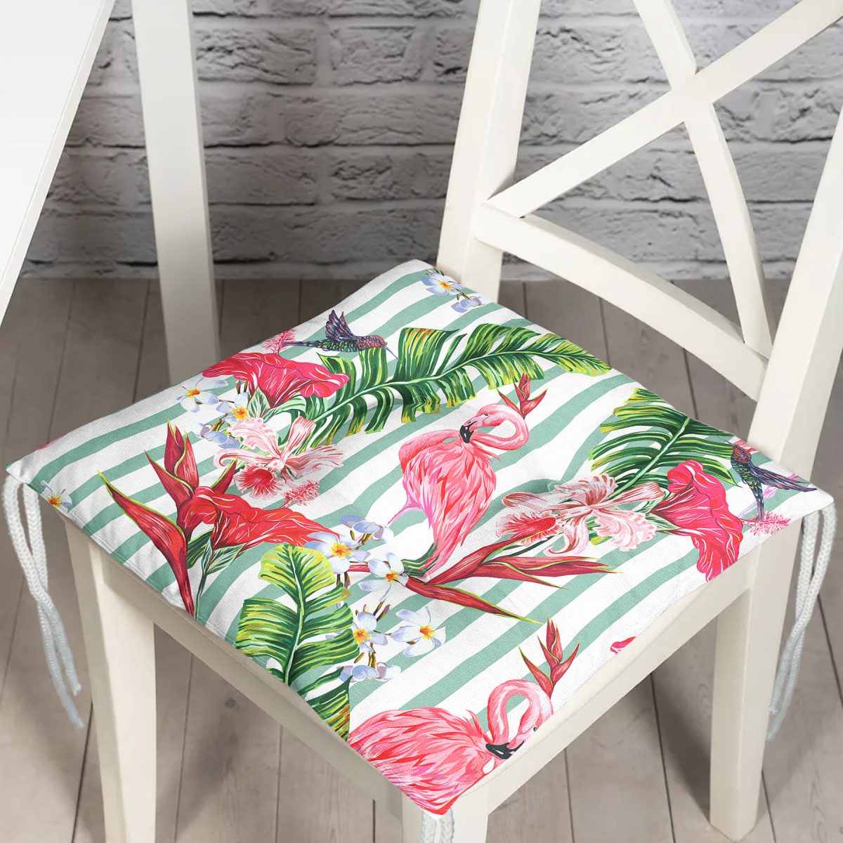 Flamingo Motifli Şerit Desenli Modern Pofuduk Sandalye Minderi Realhomes