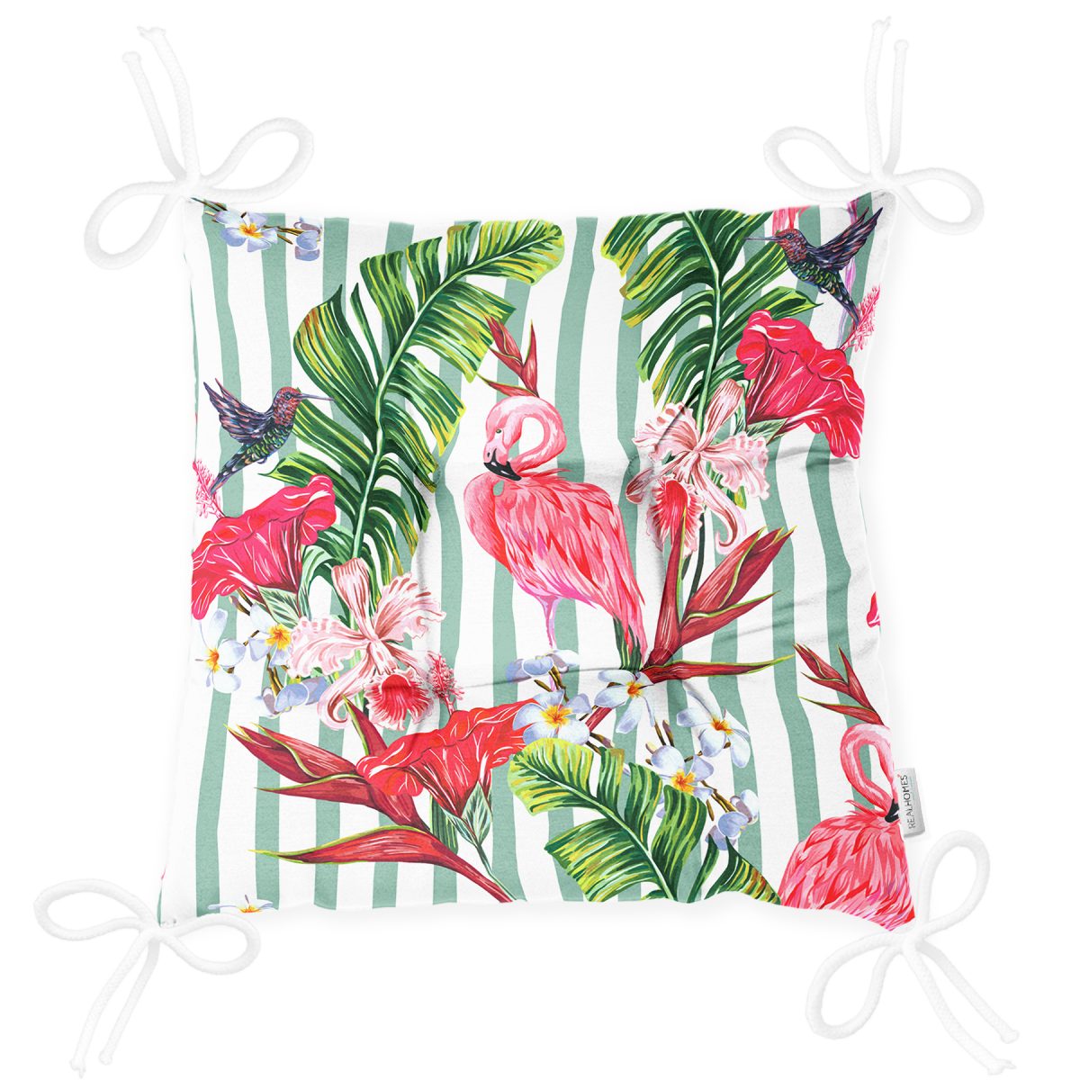 Flamingo Motifli Şerit Desenli Modern Pofuduk Sandalye Minderi Realhomes