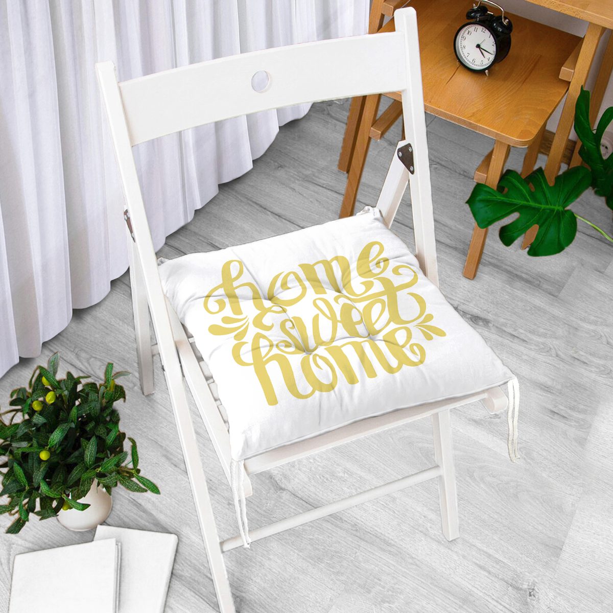 Hardal Renk Home Sweet Home Dijital Baskılı Pofuduk Sandalye Minderi Realhomes