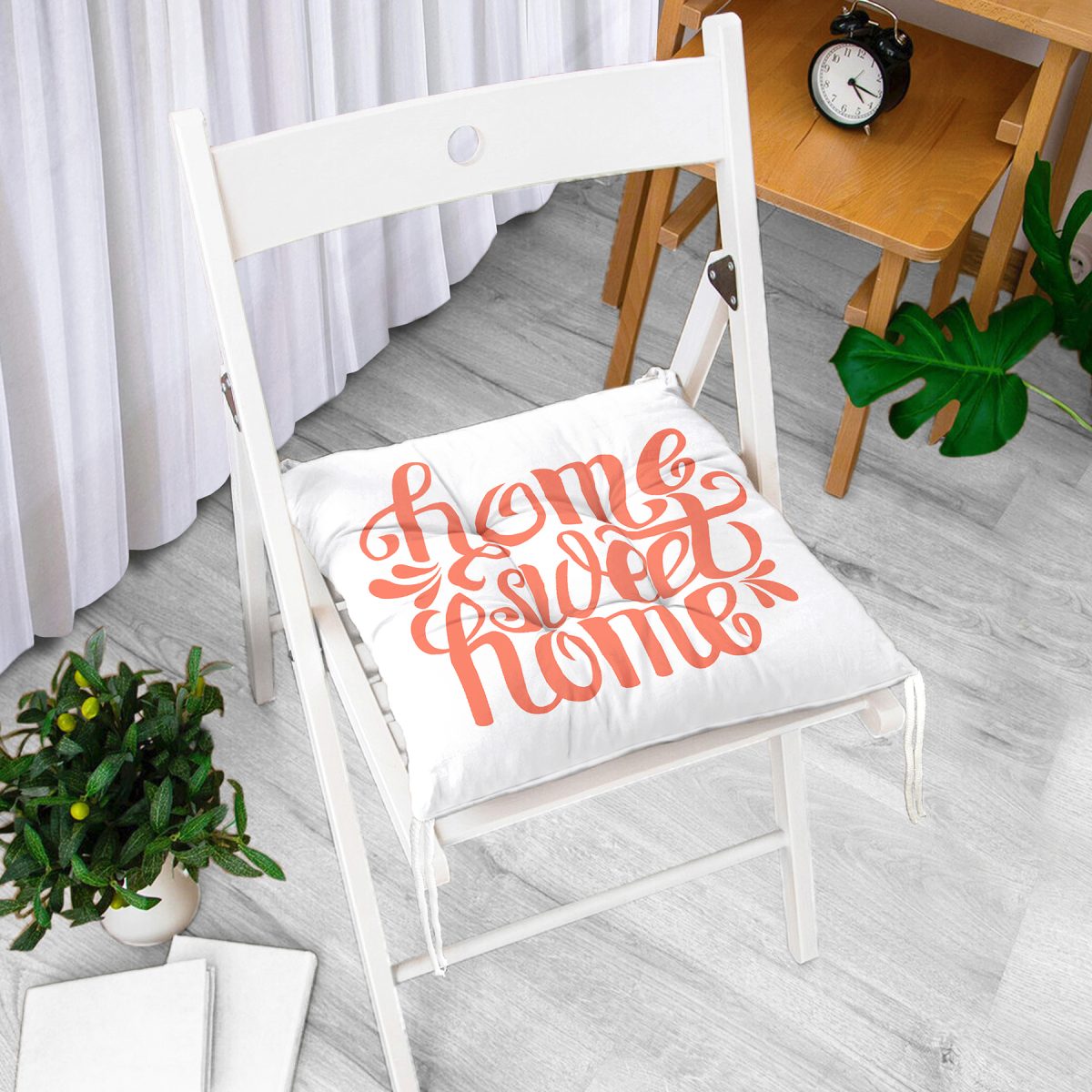 Nar Renk Home Sweet Home Modern Dijital Baskılı Pofuduk Sandalye Minderi Realhomes