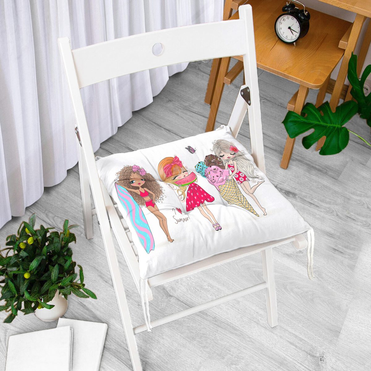 Summer Fashion Çizimli Dijital Baskılı Modern Pofuduk Sandalye Minderi Realhomes