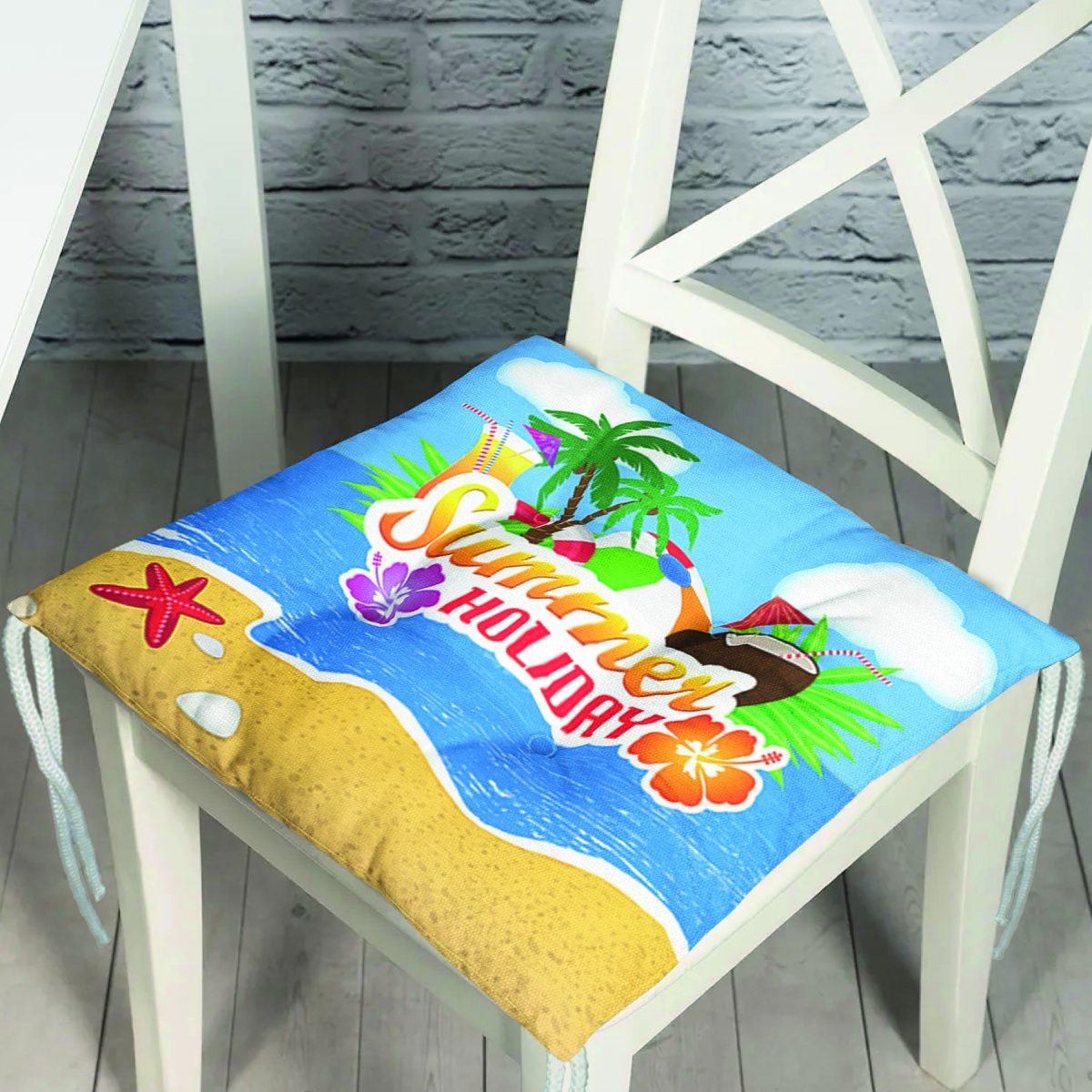 Summer Holiday Özel Tasarımlı Dijital Baskılı Modern Pofuduk Sandalye Minderi Realhomes