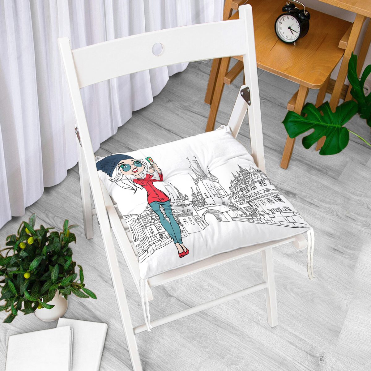 Fashion Çizim Desenli Dijital Baskılı Modern Pofuduk Sandalye Minderi Realhomes