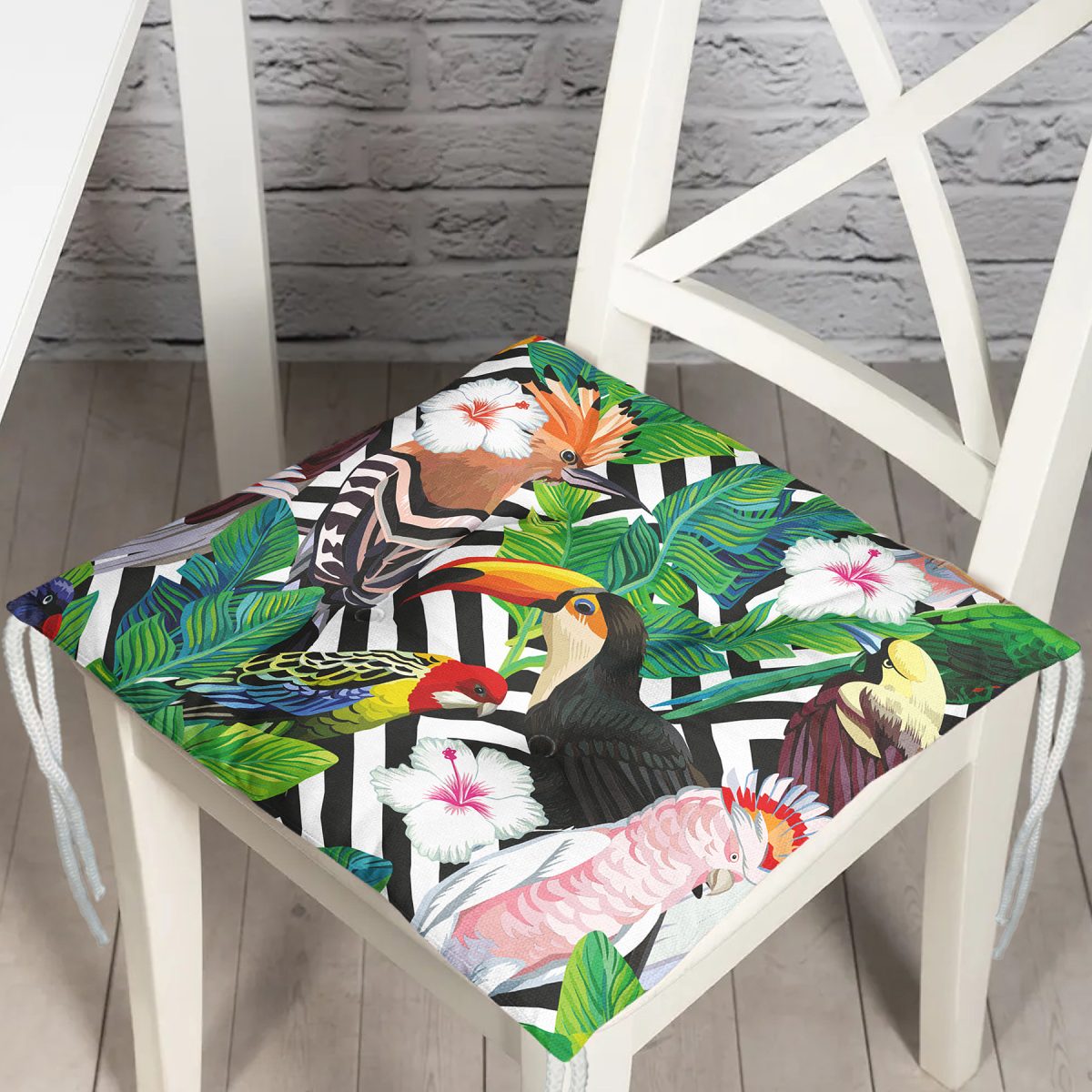 Geometrik Zeminde Tropikal Desenli Dijital Baskılı Modern Pofuduk Sandalye Minderi Realhomes