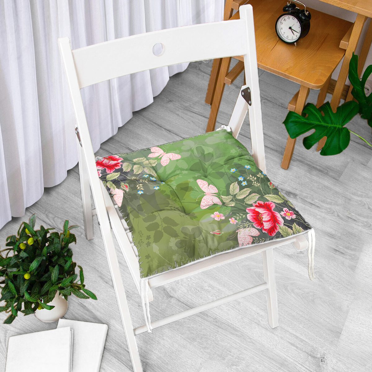 Realhomes Haki Zeminde Rengarenk Çiçekler Dijital Baskılı Modern Pofuduk Sandalye Minderi Realhomes