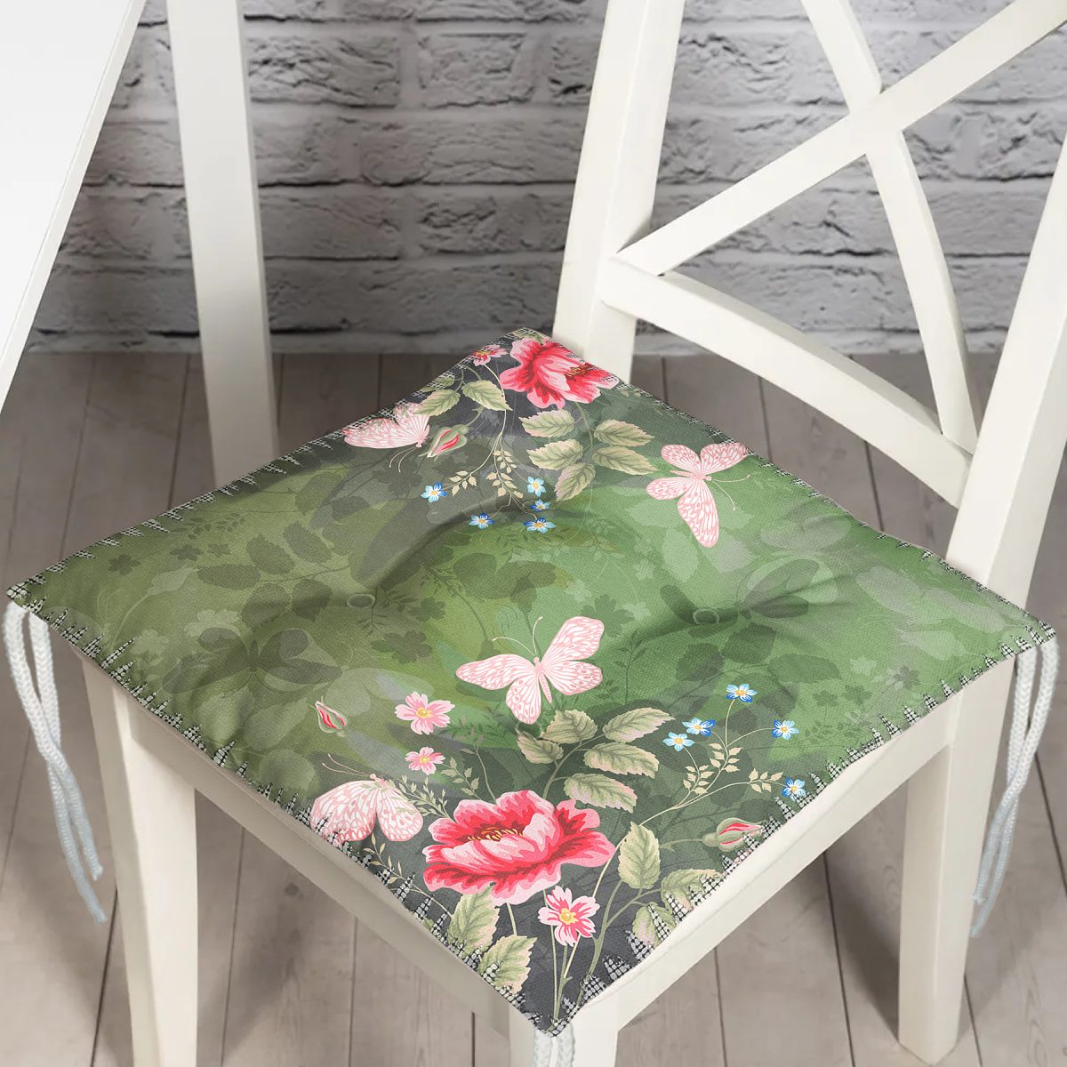 Realhomes Haki Zeminde Rengarenk Çiçekler Dijital Baskılı Modern Pofuduk Sandalye Minderi Realhomes