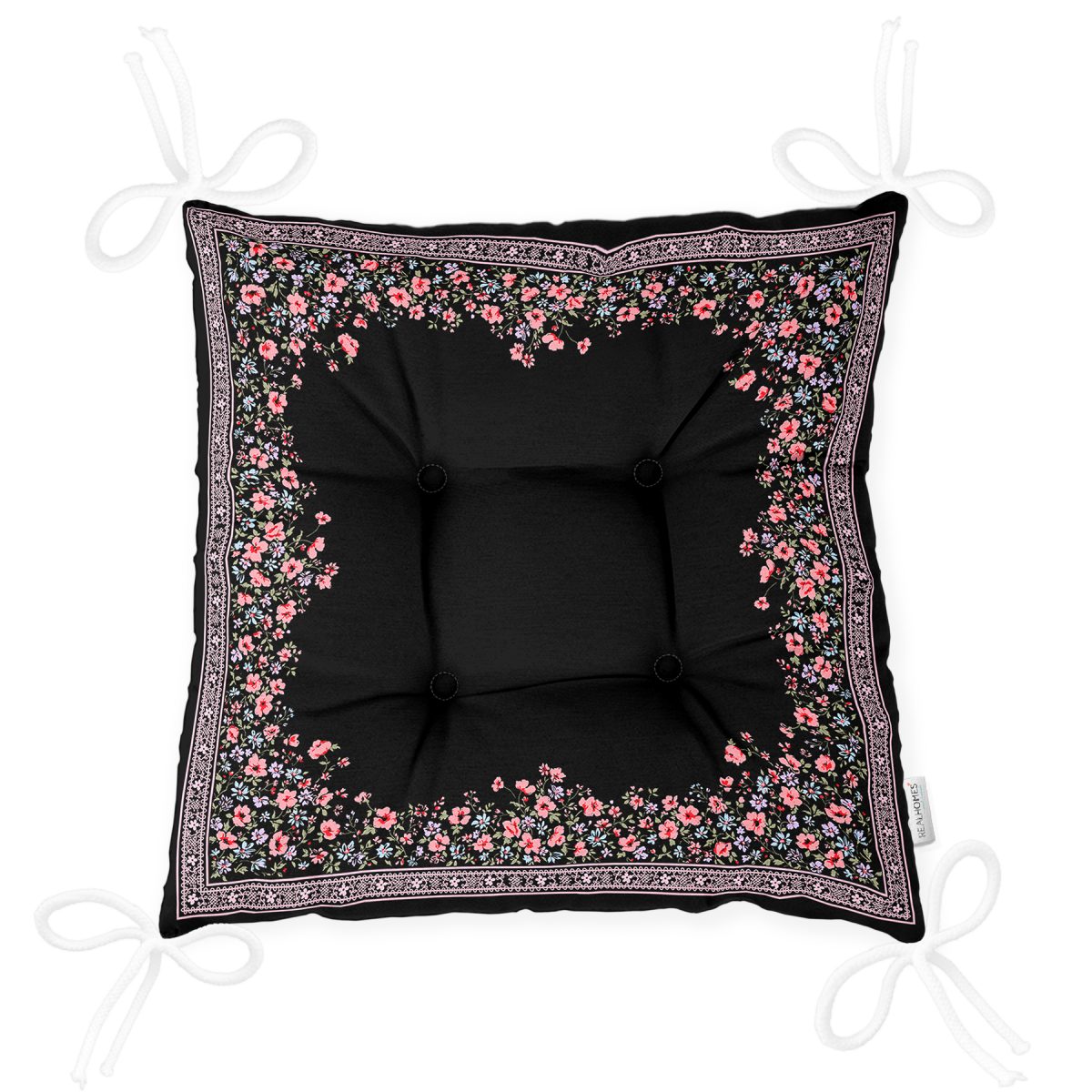 Realhomes Siyah Zeminde Pembe Çiçekler Özel Tasarım Dijital Baskılı Pofuduk Sandalye Minderi Realhomes