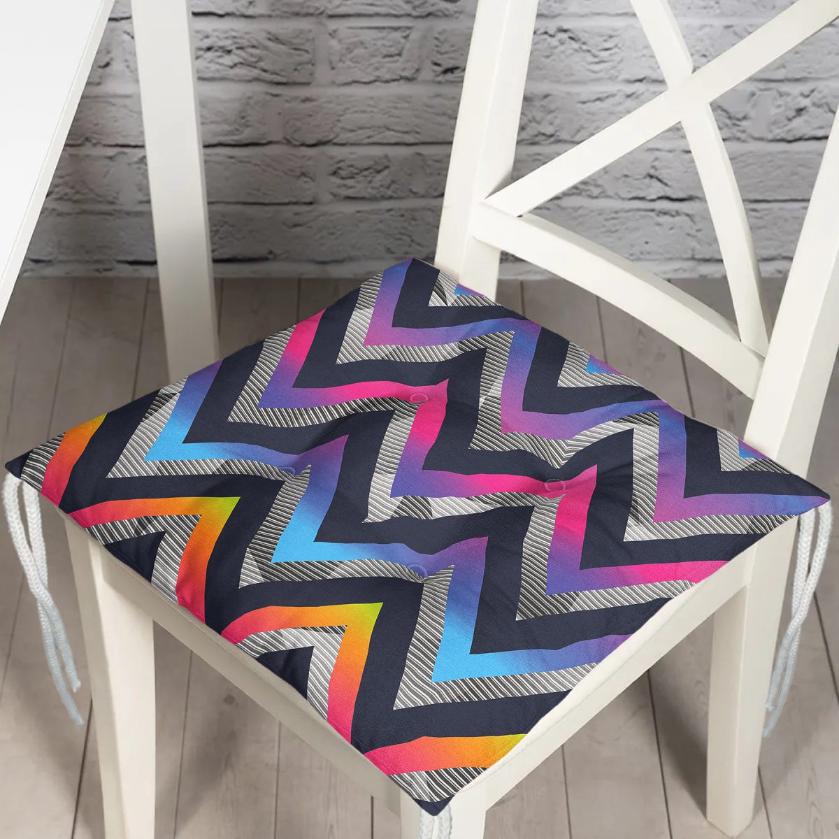 Rengarenk Zikzak Motifli Özel Tasarım Dijital Baskılı Modern Pofuduk Sandalye Minderi Realhomes