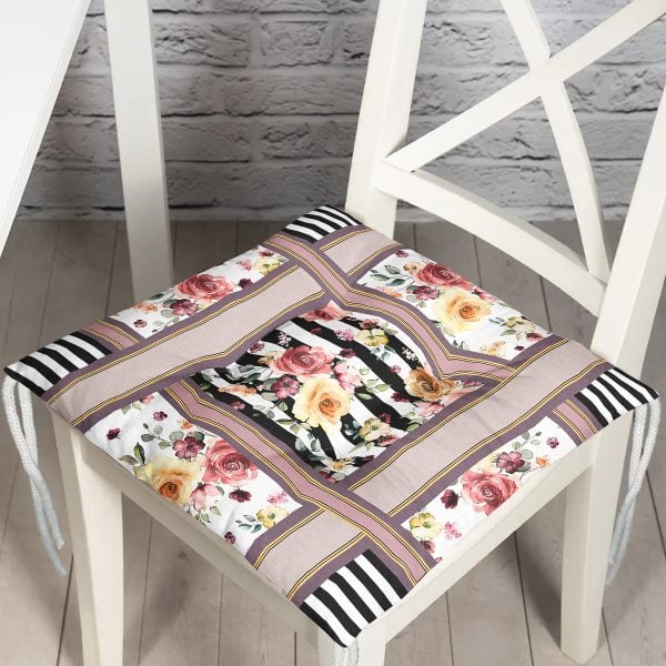 Siyah Zeminde Beyaz Yaprak Tasarımlı Dijital Baskılı Pofuduk Sandalye Minderi Realhomes