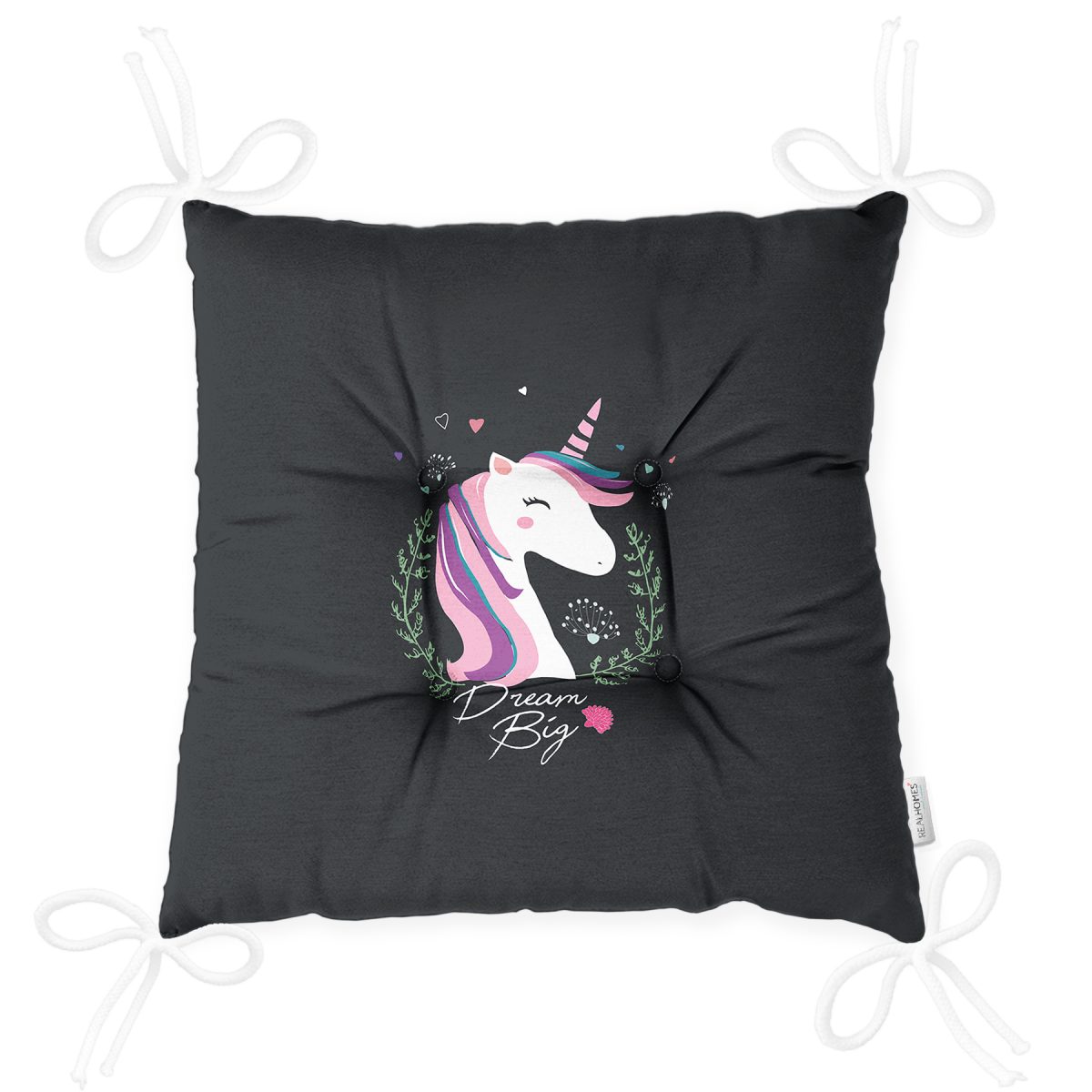 Realhomes Siyah Zeminli Magic Unicorn Tasarımlı Modern Pofuduk Sandalye Minderi Realhomes