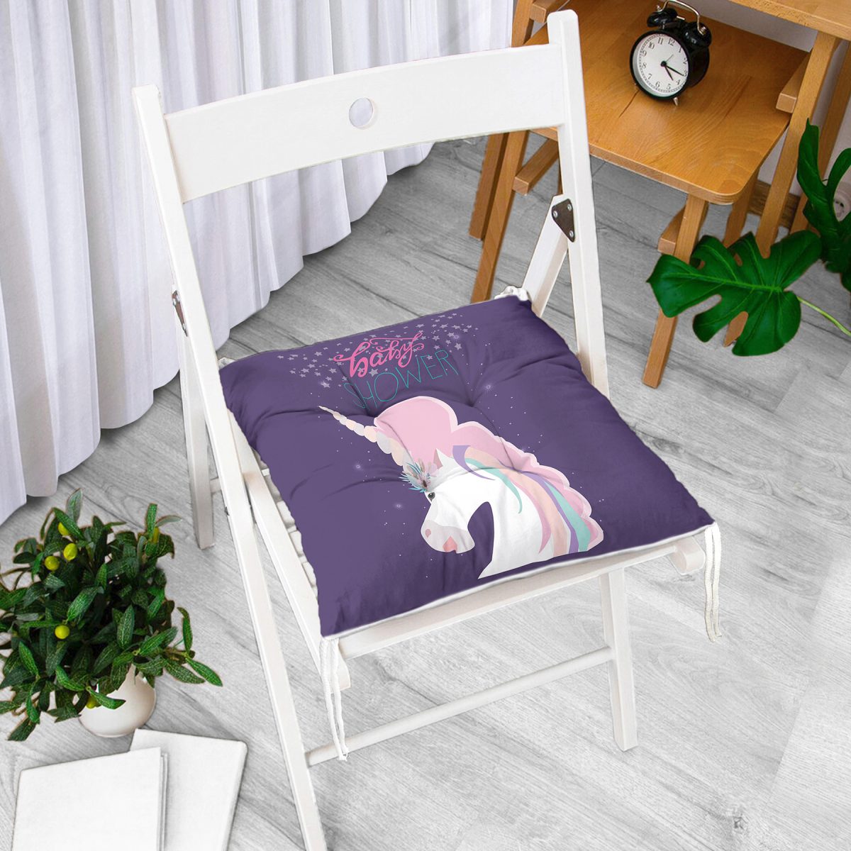 Mor Zeminde Baby Shower Unicorn At Tasarımlı Modern Pofuduk Sandalye Minderi Realhomes
