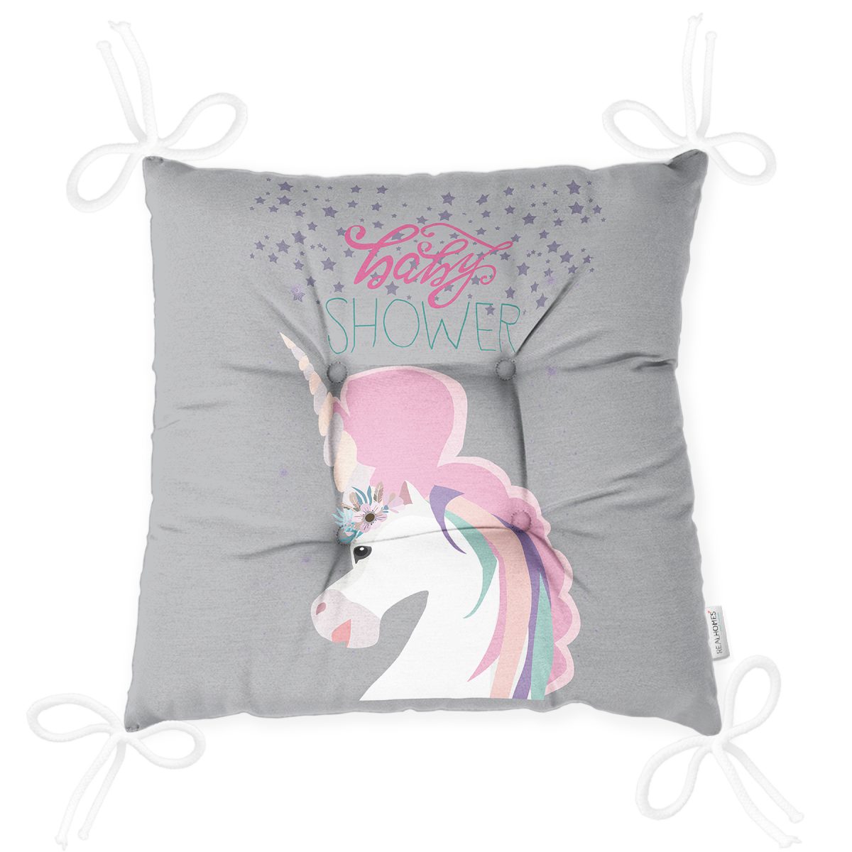 Gri Zeminde Baby Shower Unicorn At Tasarımlı Modern Pofuduk Sandalye Minderi Realhomes