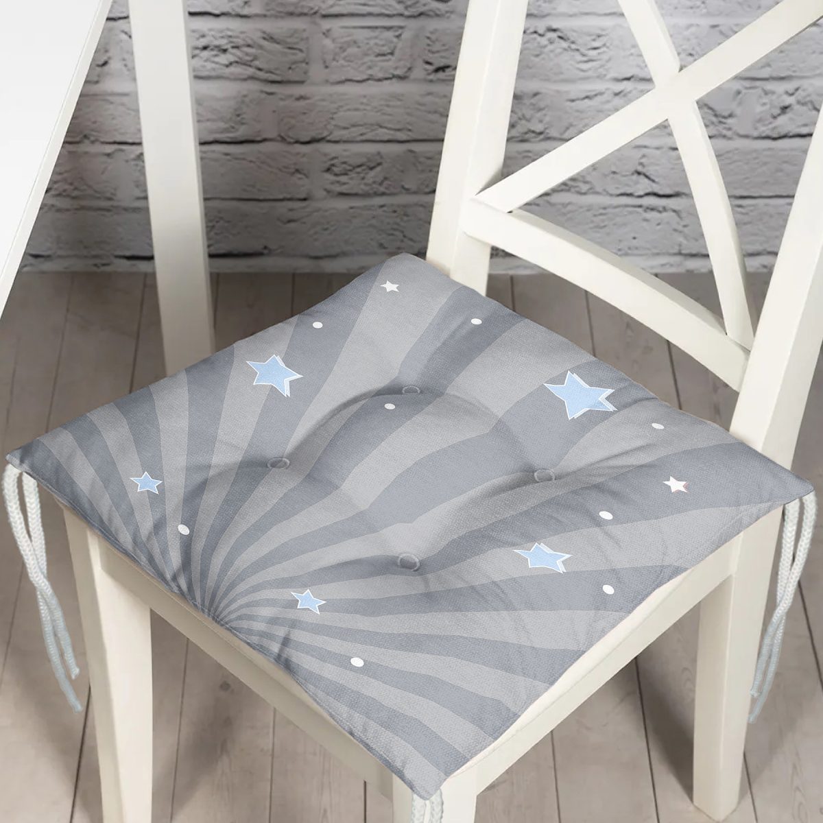 Gri Çizgili Zemin Ve Yıldızlar Özel Tasarımlı Dijital Baskılı Modern Pofuduk Sandalye Minderi Realhomes