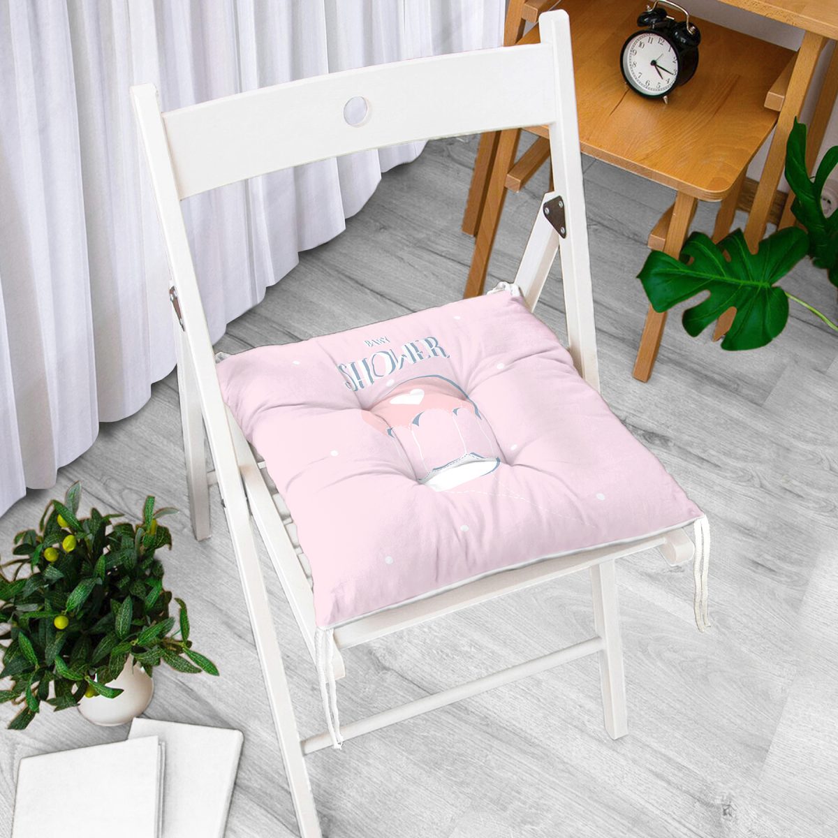 Pembe Zemin Baby Shower Temalı Özel Tasarımlı Dijital Baskılı Çocuk Odası Pofuduk Sandalye Minderi Realhomes