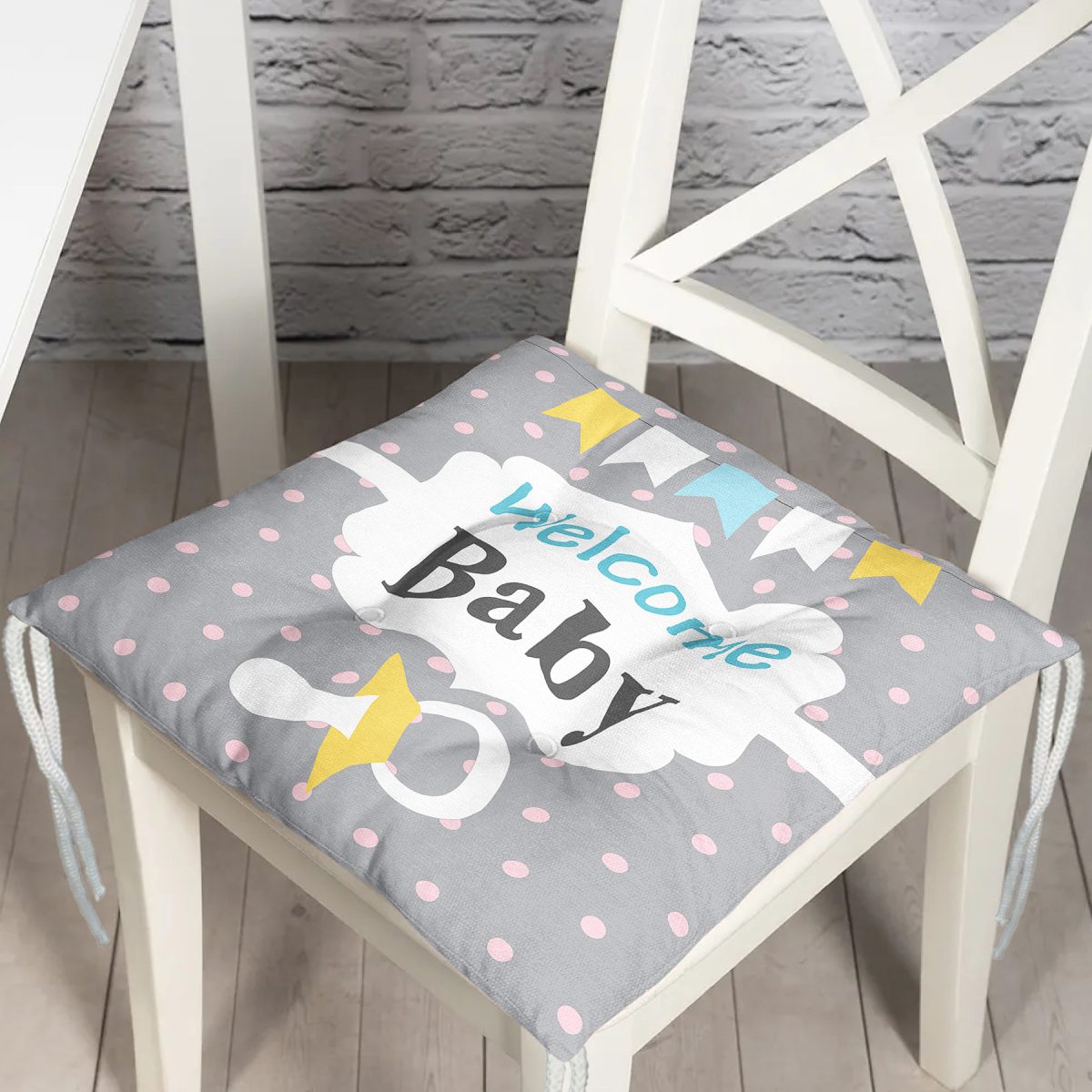 Gri Zemin Baby Shower Temalı Özel Tasarımlı Dijital Baskılı Çocuk Odası Pofuduk Sandalye Minderi Realhomes