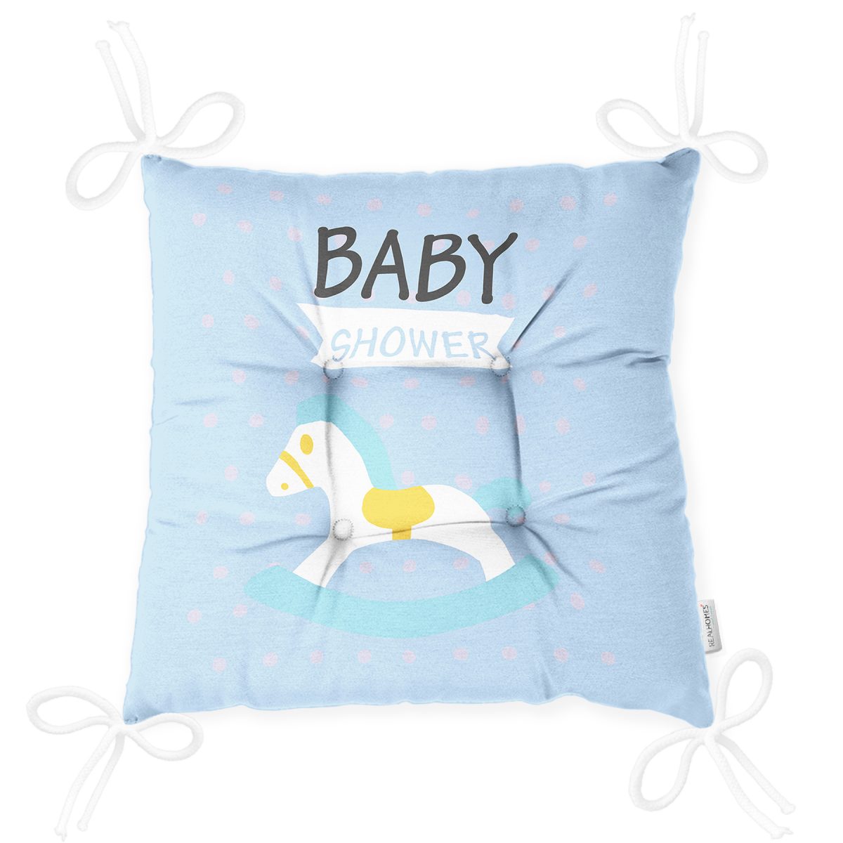 Mavi Zeminde Baby Shower Temalı Desenli Bebek Odası Pofuduk Sandalye Minderi Realhomes
